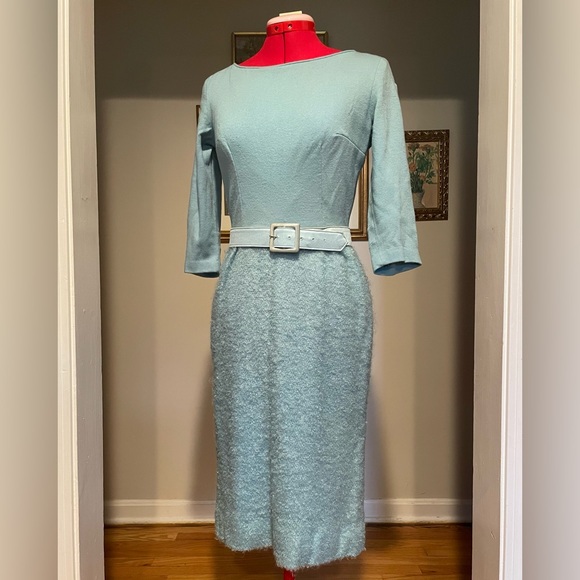 Vintage 1960s Baby Blue Glamorous Boucle Textured Skirt Belted Pencil Dress - Picture 1 of 15